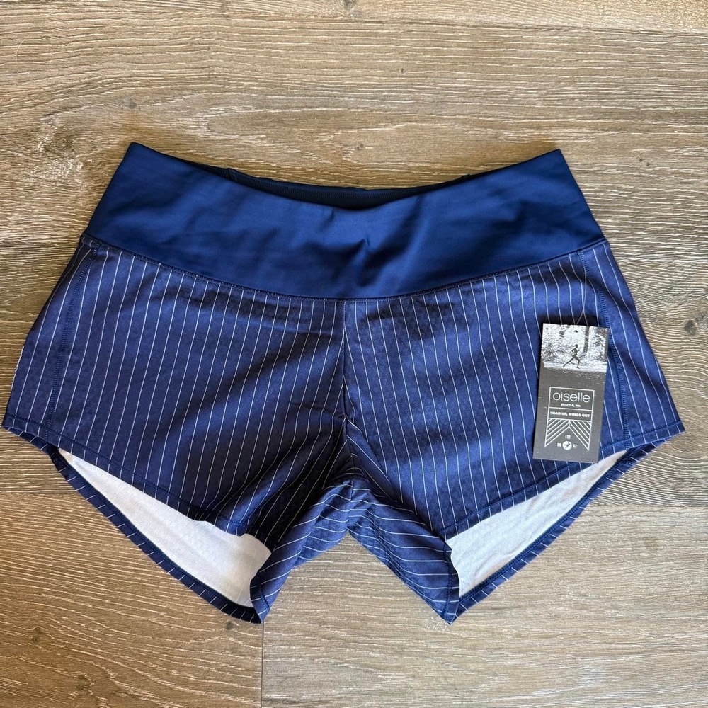 Oiselle Women's Roga Shorts Blue White Grounded Pinstripe Size 2